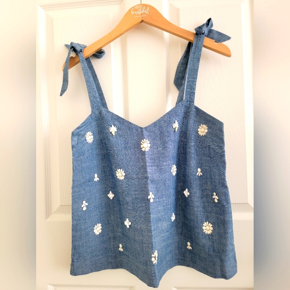 J. Crew Chambray Embellished Tie Shoulder Top, XS - Picture 4 of 13